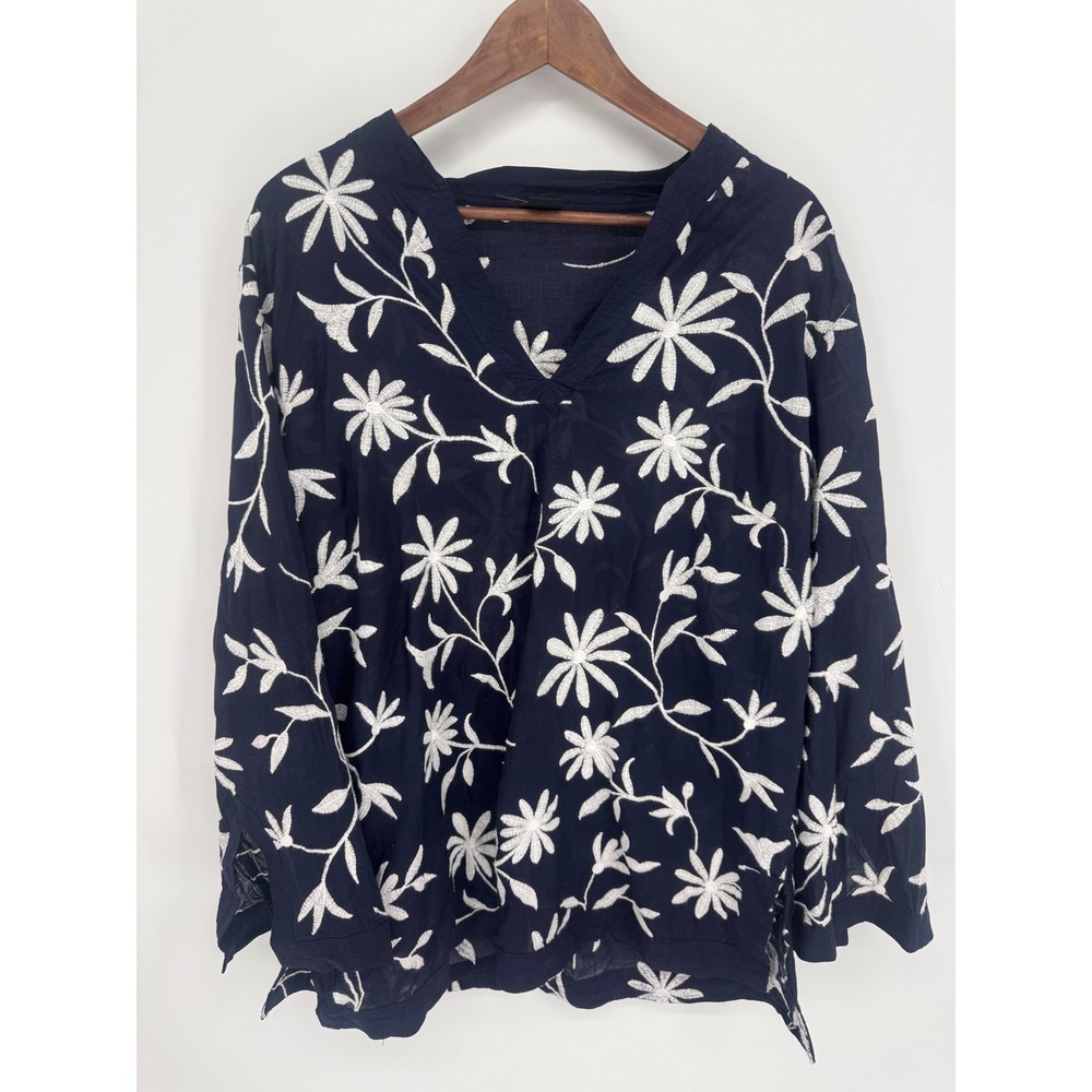 Silkland Embroidered Floral Tunic Women 1X Blue Boho Peasant Coastal Vacation